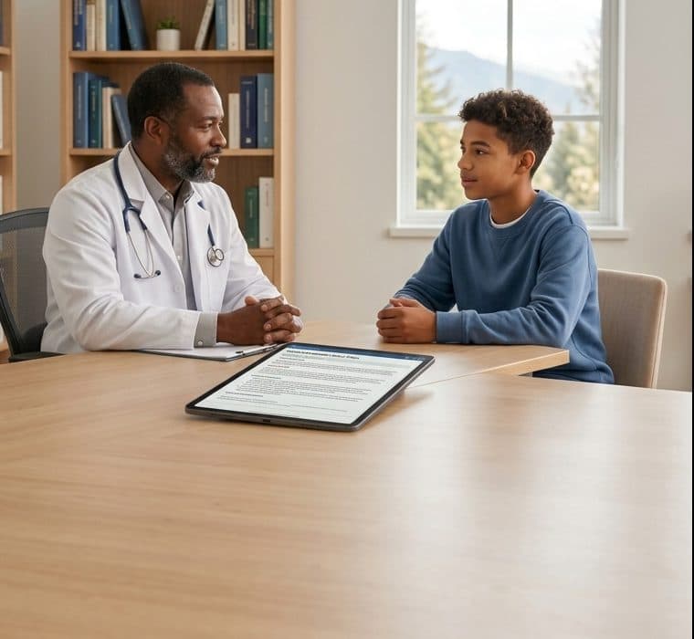 A clinician talking with a teenage boy